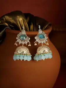 Zaveri Pearls Silver-Plated Dome Shaped Stone Studded & Beaded Two Tone Statement Jhumkas