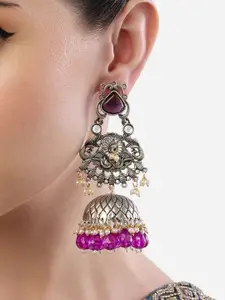 Zaveri Pearls Silver-Plated Dome Shaped Stone Studded & Beaded Antique Jhumkas