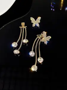 Celestique Gold-Plated Stone Studded Butterfly Shaped Oxidised Drop Earrings