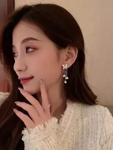 Celestique Gold-Plated Stone Studded Contemporary Drop Earrings