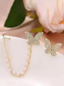 Celestique Stone Studded & Beaded Butterfly Shaped Chain Drop Earrings