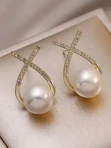 Celestique Contemporary Stone Studded Pearl Studs