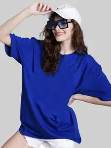 Leotude Women Solid Round Neck Cotton Oversized T-shirt