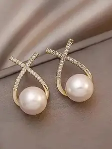 Celestique Stone Studded Cross Big White Pearl Studs