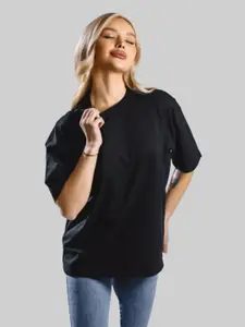 Leotude Women Solid Round Neck Cotton Oversized T-shirt
