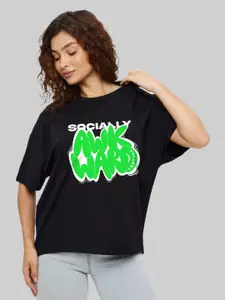 Leotude Women Typography Printed Round Neck Cotton Oversized T-shirt