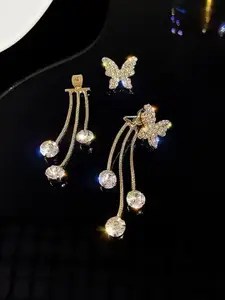 Celestique Gold-Plated Stone Studded Butterfly Shaped Drop Earrings