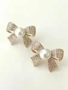 Celestique Gold-Plated Stone Studded Bow Shaped Studs