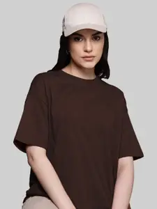 Leotude Women Solid Round Neck Cotton Oversized T-shirt