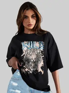 Leotude Women Graphic Printed Round Neck Cotton Oversized T-shirt