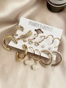 Celestique Pack Of 18 Gold Plated Pearl Studded Contemporary Hoop Earrings