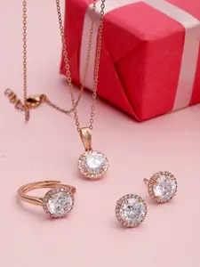 PANASH Gold-Plated Cubic Zirconia Studded Solitaire Pendant with Earrings & Ring