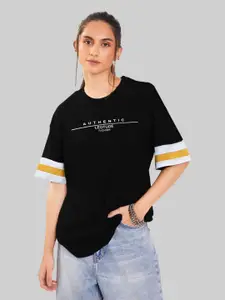 Leotude Women Typography Printed Round Neck Cotton Oversized T-shirt