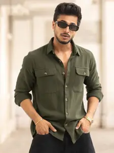 Powerlook Men Spread Collar Solid Cotton Casual Shirt