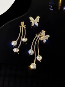 Celestique Gold-Plated Stone Studded Butterfly Shaped Drop Earrings