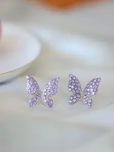 Celestique Silver-Plated Stone Studded Butterfly Shaped Drop Earrings