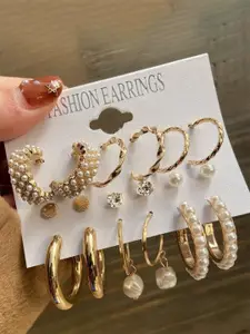 Celestique Set Of 9 Gold-Plated Stone Studded Contemporary Hoop Earrings