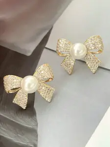 Celestique Gold-Plated Zircon Studded Bow Shaped Studs