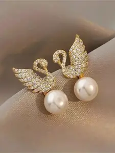 Celestique Gold-Plated Stone Studded Contemporary Studs Earrings
