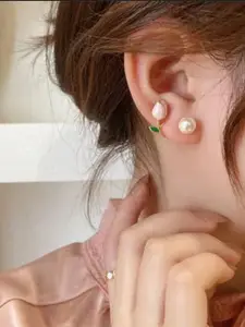 Celestique Gold-Plated Flower Pearl Beads & CZ Crystal & Diamond Korean Studs