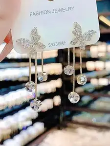 Celestique Gold-Plated Rhinestone Studded Contemporary Drop Earrings