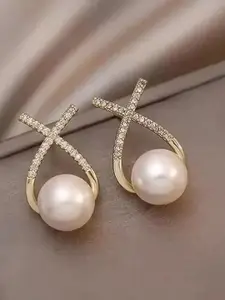 Celestique Gold-Plated Cross Stone Studded & Pearl Beaded Korean Studs