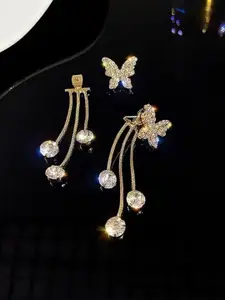 Celestique Gold-Plated Stone Studded Butterfly Shaped Drop Earrings