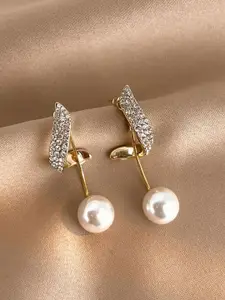 Celestique Gold-Plated Stone Studded Contemporary Drop Earrings