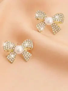 Celestique Gold-Plated Stone Studded Bow Shaped Studs