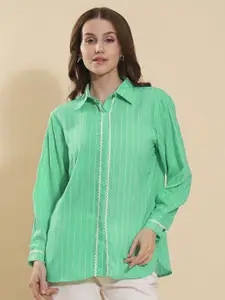 Fashfun Women Spread Collar Vertical Striped Cotton Oversized Formal Shirt