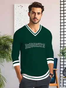 AUSK Men Striped V-Neck Monochrome Applique T-shirt