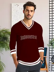 AUSK Men Striped V-Neck Monochrome Applique T-shirt