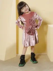 Peppermint Girls Round Neck Long Sleeves Fit and Flare Dress With Bow