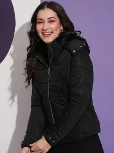 Globus Mock Neck Front Pockets Winter Wear Insulator Puffer Jacket With Detachable Hood