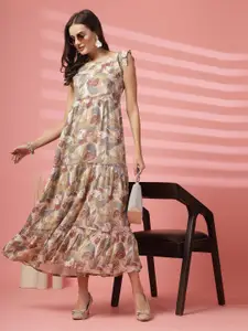 Indibelle Women Floral Print Flutter Sleeve Maxi Dress