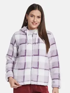 METTLE Women Checked Hooded Sweatshirt