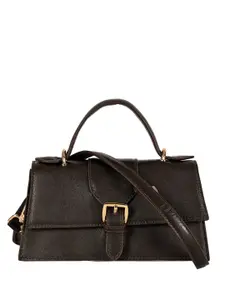 eske Women Brown Textured Structured Design Buckle Closure Leather Satchel Handbag