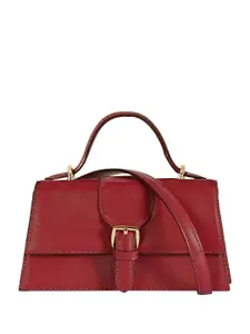eske Women Maroon Textured Structured Design Buckle Closure Leather Satchel Handbag