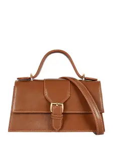 eske Women Tan Textured Structured Design Buckle Closure Leather Satchel Handbag