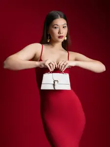 eske Women White Solid Structured Design Buckle Closure Leather Satchel Handbag