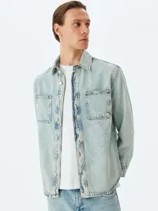Koton Men Spread Collar Washed Self Design Cotton Casual Denim Jacket