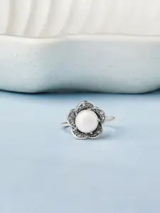 Mia by Tanishq 925 Sterling Silver-Plated CZ Studded Glided Blossom Pearl Finger Ring
