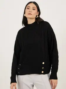 Styli Women Self Design Short Length Regular Fit  High Neck Sweater With Front Buttons Detail