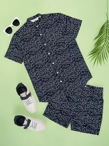 indus route by Pantaloons Boys Band Collar Printed Pure Cotton Shirt with Shorts