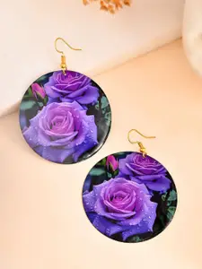 Silvermerc Designs Purple Rose Printed Gold Plated Leaf Shaped Drop Earrings