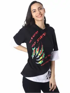 London Hills Women Typography Printed Hood Cotton T-shirt