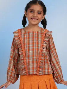 BAESD Girls Checked Puff Sleeve Cotton Top