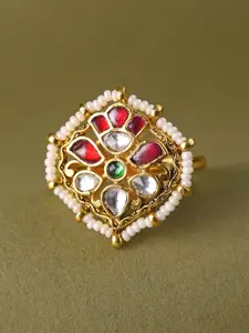 JAYPORE Gold-Plated Kundan-Studded & Pearls Beaded Adjustable Finger Ring