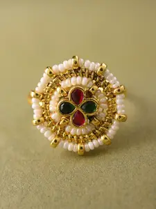 JAYPORE Gold-Plated Kundan-Studded & Pearls Beaded Adjustable Finger Ring