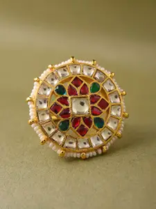 JAYPORE Gold-Plated Kundan Stone Studded & Pearls Beaded Adjustable Finger Ring